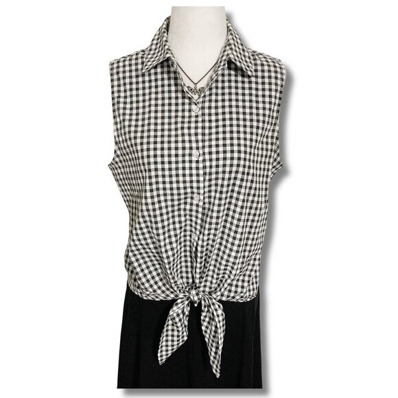 TAMARA H. Black white gingham sleeveless adjustable tie front MEDIUM LARGE shirt - Picture 1 of 14